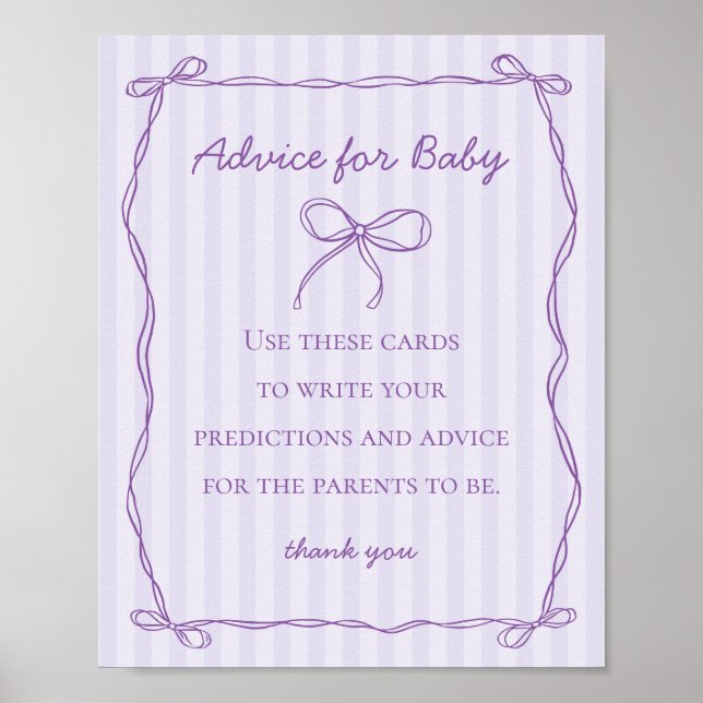 Purple Coquette Bow Advice for Baby Shower Game Poster (Front)