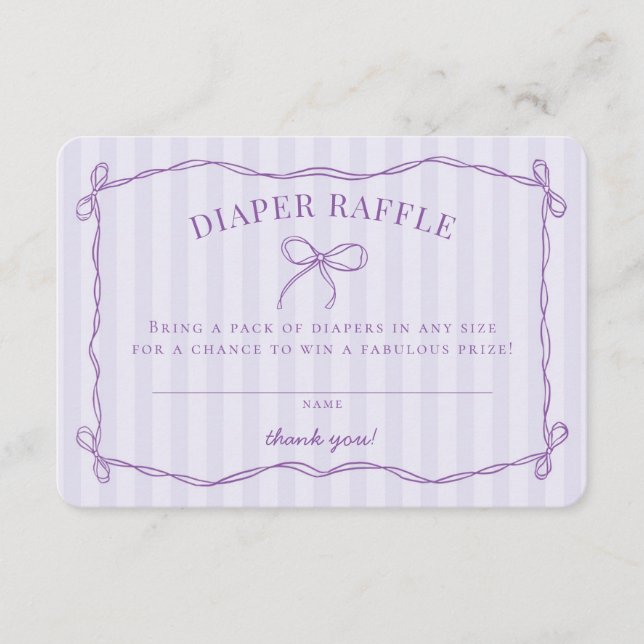 Purple Coquette Bow Baby Shower Diaper Raffle Enclosure Card (Front)
