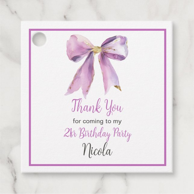 Purple Coquette Bow Birthday Favour Tags (Front)