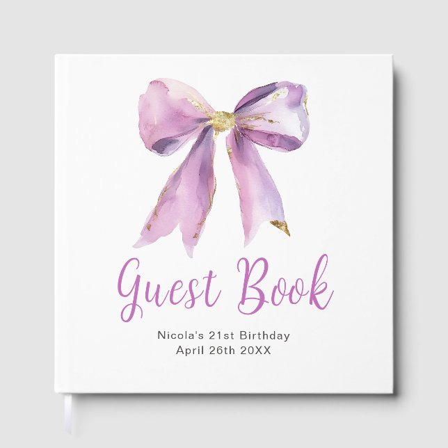 Purple Coquette Bow Birthday Party Guest Book (Front)