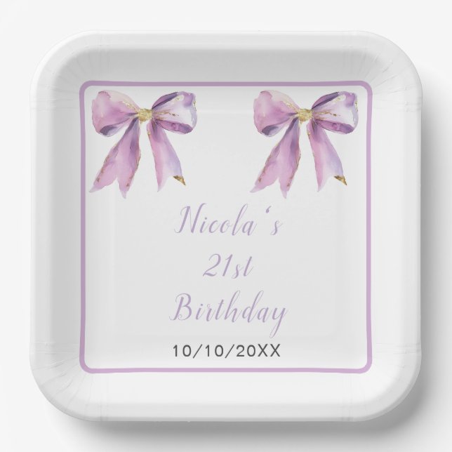 Purple Coquette Bow Birthday Party Paper Plate (Front)
