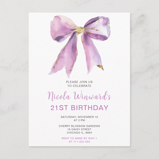 Purple Coquette Bow Birthday Party Postcard (Front)