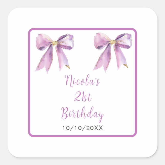 Purple Coquette Bow Birthday Party Square Sticker (Front)