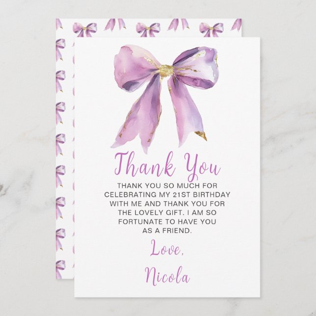 Purple Coquette Bow Birthday Party Thank You Card (Front/Back)