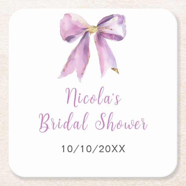 Purple Coquette Bow Bridal Shower Square Paper Coaster (Front)