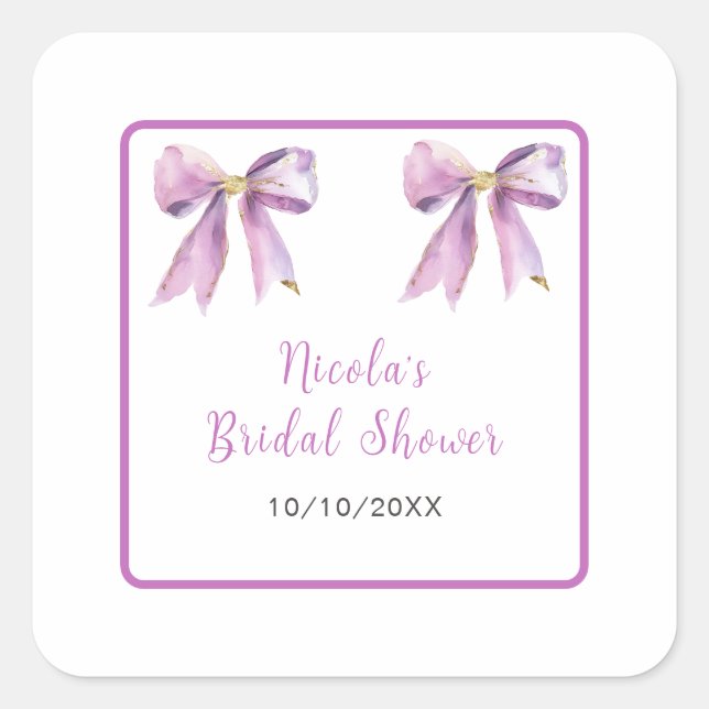 Purple Coquette Bow Bridal Shower Square Sticker (Front)