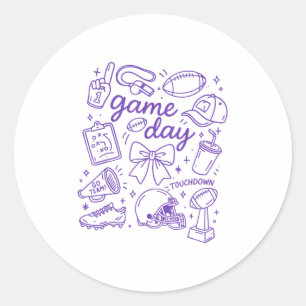 Purple Coquette Bow Cheer Game Day Doodle Touchdow Classic Round Sticker