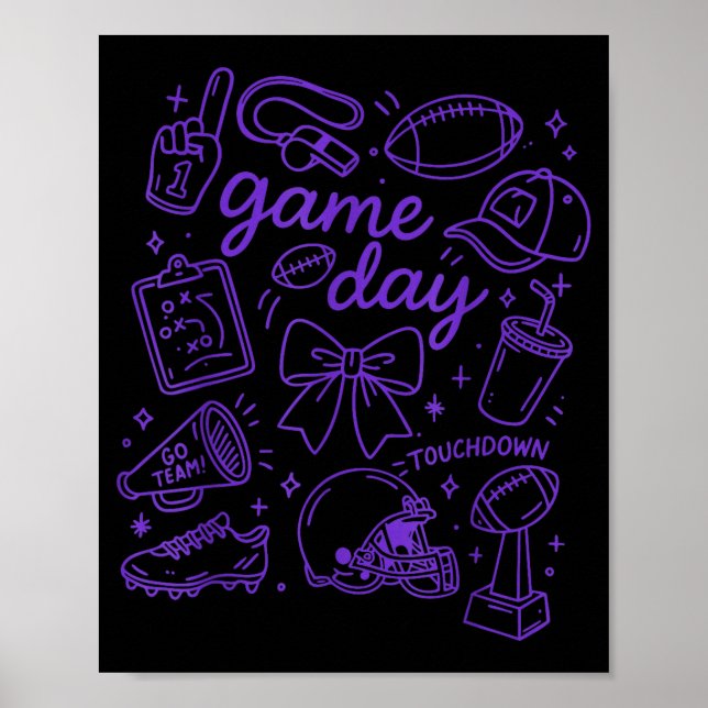 Purple Coquette Bow Cheer Game Day Doodle Touchdow Poster (Front)