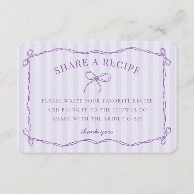 Purple Coquette Bow Pastel Bridal Share A Recipe Enclosure Card (Front)