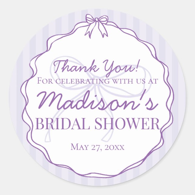 Purple Coquette Bow Pastel Bridal Shower Favour Classic Round Sticker (Front)