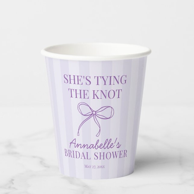 Purple Coquette Bow Pastel Knot Bridal Shower Paper Cups (Front)