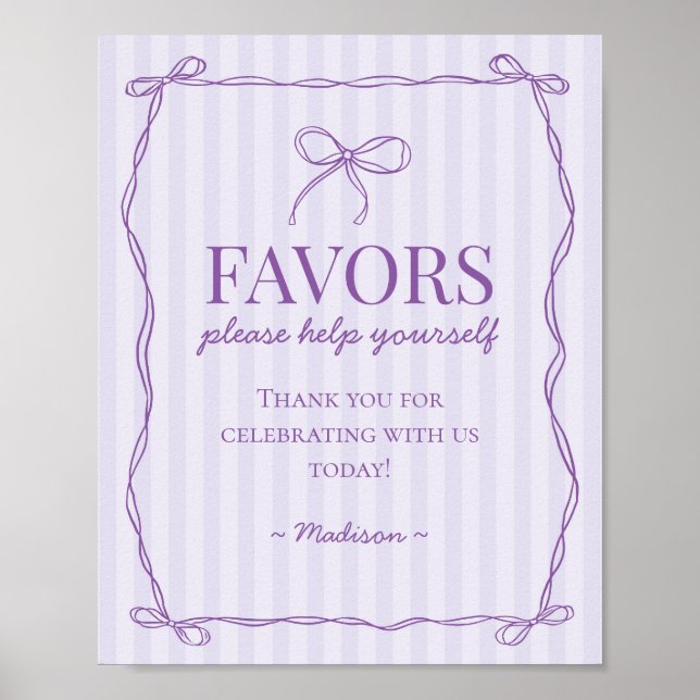 Purple Coquette Bow Pastel Lavender Favours Sign (Front)