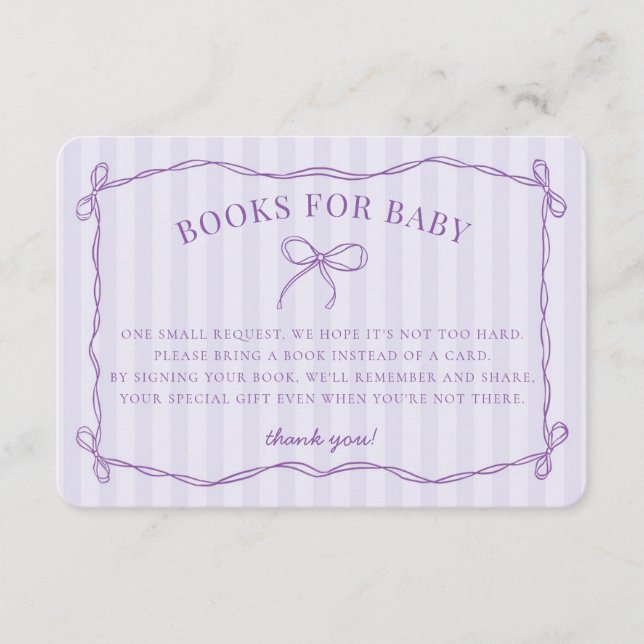 Purple Coquette Bow Pastel Shower Books for Baby Enclosure Card (Front)