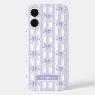 Purple Coquette Bows on Stripes Monogrammed iPhone 16 Case