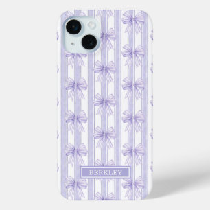 Purple Coquette Bows on Stripes Monogrammed iPhone 15 Mini Case