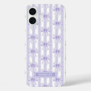 Purple Coquette Bows on Stripes Monogrammed iPhone 16 Plus Case