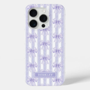 Purple Coquette Bows on Stripes Monogrammed iPhone 15 Pro Case
