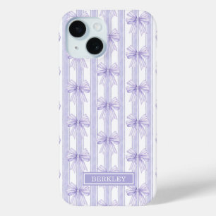 Purple Coquette Bows on Stripes Monogrammed iPhone 15 Case