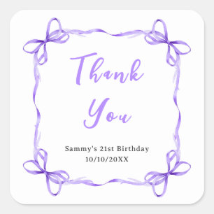 Purple Coquette Ribbon Birthday Party Thank You Square Sticker