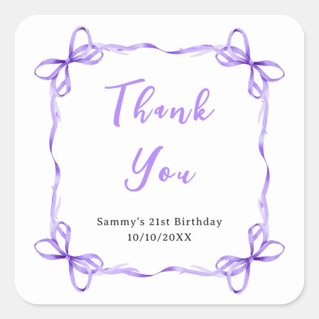 Purple Coquette Ribbon Birthday Party Thank You Square Sticker (Front)