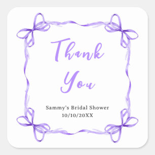 Purple Coquette Ribbon Bridal Shower Thank You Square Sticker