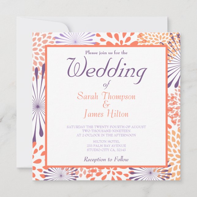 Purple & Coral Floral Blossoms Wedding Invitations (Front)
