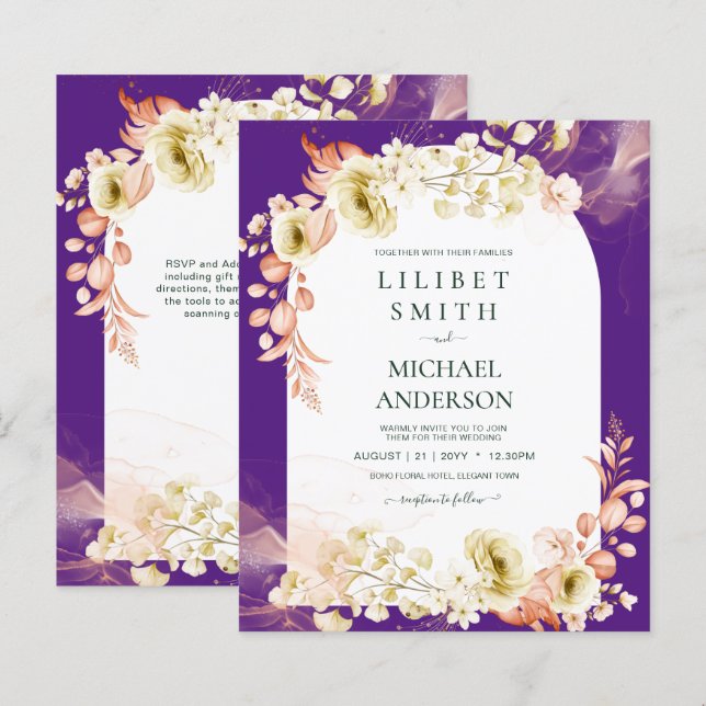 Purple Coral Floral Wedding Boho Invite (Front/Back)