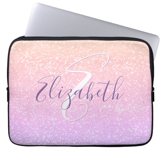Purple Coral Ombre Sequins Sparkle Monogram Laptop Sleeve (Front)