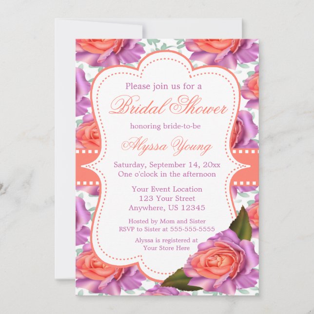 Purple Coral Roses Bridal or Baby Shower Invite (Front)