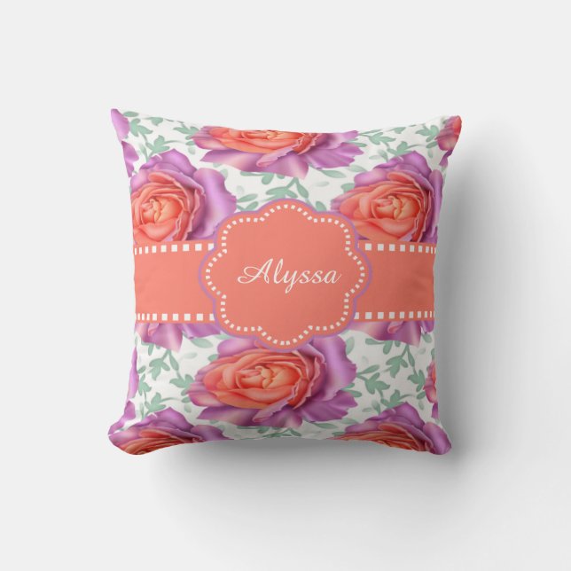 Purple Coral Roses Personalised Cushion (Front)