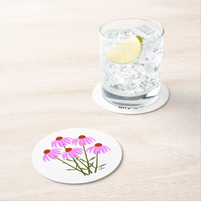 Purple Cornflowers Round Paper Coaster (Insitu)