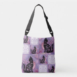 Purple Cosmic Cats Patchwork Crossbody Bag