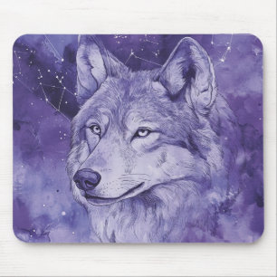 Purple Cosmic Wolf Watercolor Mouse Mat