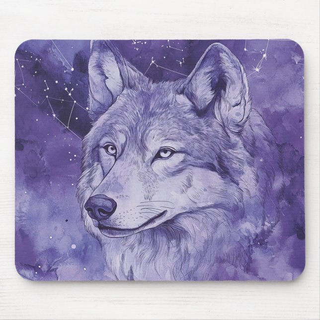 Purple Cosmic Wolf Watercolor Mouse Mat (Front)