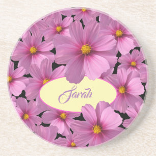 Purple Cosmos Flower Design on a Black Background Coaster
