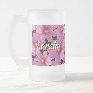 Purple Cosmos Flower Design on a Black Background Frosted Glass Beer Mug