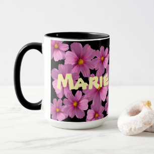 Purple Cosmos Flower Design on a Black Background Mug