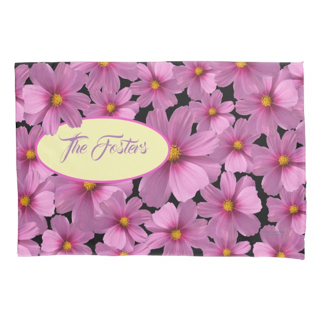 Purple Cosmos Flower Design on a Black Background Pillowcase (Front)