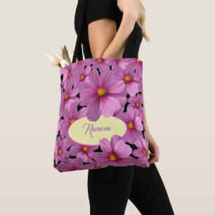 Purple Cosmos Flower Design on a Black Background Tote Bag