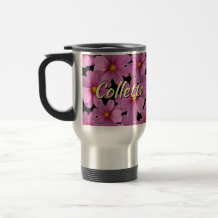 Purple Cosmos Flower Design on a Black Background Travel Mug
