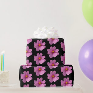 Purple Cosmos Flower with Yellow Centre on Black Wrapping Paper