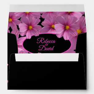 Purple Cosmos Flowers on Black Background Wedding Envelope