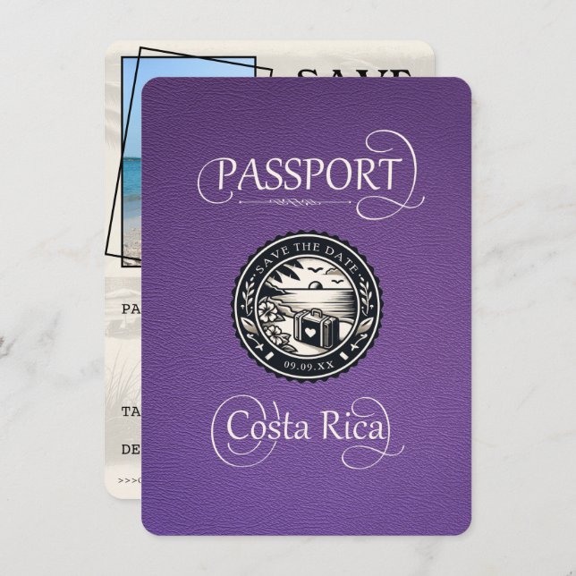 Purple Costa Rica Passport Save The Date (Front/Back)