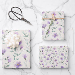 Purple Cottagecore Wildflowers Three Sizes Bundle Wrapping Paper Sheet