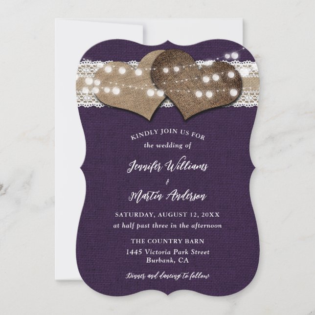 Purple Country Burlap Lace String Lights Wedding Invitation (Front)