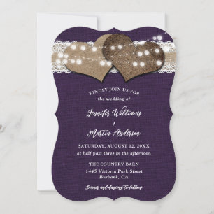 Purple Country Burlap Lace String Lights Wedding Invitation