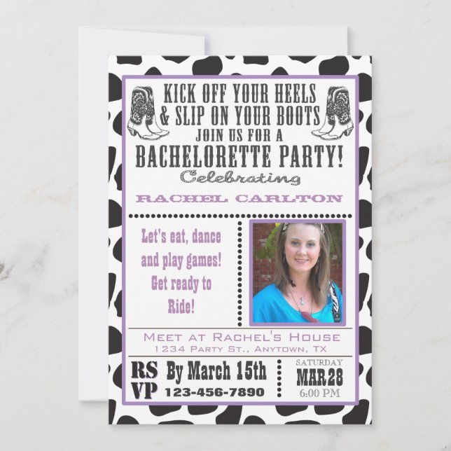 Purple Cow Print Cowgirl Bachelorette Party Invite (Front)