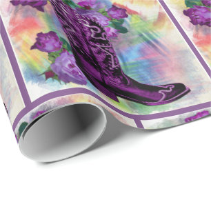 Purple Cowboy Boot With Roses on Watercolor Wrapping Paper