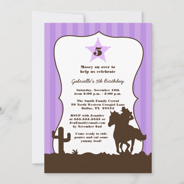 Purple cowgirl girls birthday party invitation (Front)
