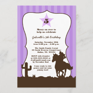 Purple cowgirl girls birthday party invitation